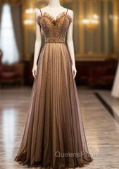 A-Line Brown Tulle Spagehtti Straps Beading Sequins Evening Prom Dress