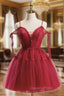 A-Line Burgundy Lace Short Evening Prom Dress, Burgundy Puffy Homecoming Dress