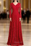 A-Line Burgundy Lace V-neck Long Sleeve Evening Prom Dress