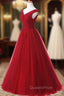 A Line Burgundy Long V-neck Tulle Evening Prom Dress