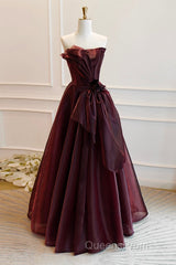 A-Line Burgundy Organza Burgundy Long Evening Prom Dress, Burgundy Long Evening Dress