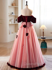 A-Line Burgundy/Pink Tulle Velvet Long Evening Prom Dress, Burgundy Evening Dress