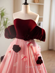 A-Line Burgundy/Pink Tulle Velvet Long Evening Prom Dress, Burgundy Evening Dress