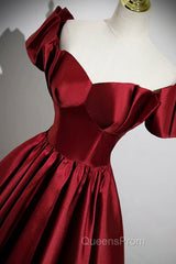 A-Line Burgundy Satin Floor Length Evening Prom Dress, Off the Shoulder New Party Dress