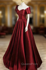 A-Line Burgundy Satin Floor Length Evening Prom Dress, Off the Shoulder New Party Dress
