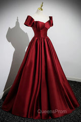 A-Line Burgundy Satin Floor Length Evening Prom Dress, Off the Shoulder New Party Dress