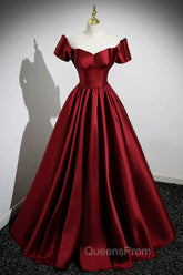 A-Line Burgundy Satin Floor Length Evening Prom Dress, Off the Shoulder New Party Dress