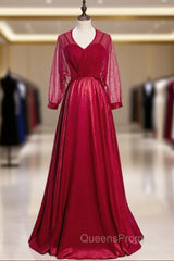 A-Line Burgundy Satin Long Sleeve V-neck Evening Prom Dress