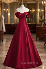 A-Line Burgundy Satin Off the Shoulder Pleats Evening Prom Dress