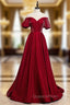 A-Line Burgundy Satin Puff Sleeve Cold Shoulder Evening Prom Dress
