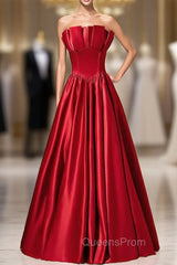A-Line Burgundy Satin Strapless Pleats Long Evening Prom Dress