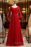 A-Line Burgundy Satin Tulle Half Sleeve Simple Evening Prom Dress