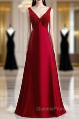 A-Line Burgundy Satin V-neck Beading Evening Prom Dress