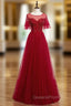 A-Line Burgundy Tulle Beading Sequins Long Evening Prom Dress