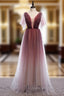 A-Line Burgundy Tulle Deep V-neck Pleats Evening Prom Dress