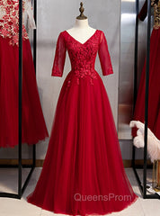 A-Line Burgundy Tulle Lace Appliques Short Sleeve Evening Prom Dress