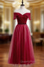A-Line Burgundy Tulle Off the Shoulder Tea Length Evening Prom Dress