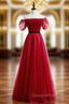 A-Line Burgundy Tulle Puff Sleeve Off the Shoulder Evening Prom Dress