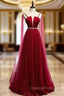A-Line Burgundy Tulle Saghetti Straps Beading Evening Prom Dress
