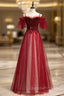 A-Line Burgundy Tulle Spaghetti Straps Appliques Evening Prom Dress