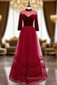 A-Line Burgundy Tulle Velvet High Neck Long Sleeve Evening Prom Dress