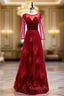 A-Line Burgundy Tulle Velvet Long Sleeve Evening Prom Dress
