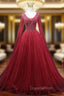 A-line Burgundy V-neck Beading Evening Prom Dress