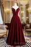 A-Line Burgundy Velvet Spaghetti Straps Evening Prom Dress
