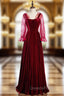 A-Line Burgundy Velvet Square Long Sleeve Wave Point Evening Prom Dress