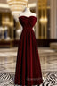 A-Line Burgundy Velvet Strapless Long Evening Prom Dress With Bow