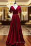 A-Line Burgundy Velvet V-neck Beading Sequins Evening Prom Dress