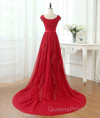 A Line Cap Sleeves Burgundy Lace Long Evening Prom Dress with Appliques, Burgundy Formal Dress, Burgundy Evening Dress