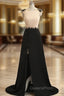 A-Line Champagne Black Cap Sleeve Backless Long Evening Prom Dress