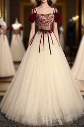 A line champagne long Evening Prom Dress, champagne tulle formal evening Dress