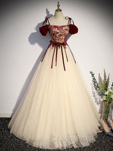 A line Champagne Long Evening Prom Dress, Champagne Evening Gown With Beading Velvet