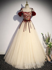 A line Champagne Long Evening Prom Dress, Champagne Evening Gown With Beading Velvet