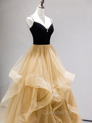 A-Line Champagne Tulle Long Evening Prom Dress, Velvet Graduation Dress with Beading