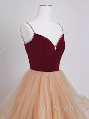 A-Line Champagne Tulle Long Evening Prom Dress, Velvet Graduation Dress with Beading