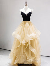 A-Line Champagne Tulle Long Evening Prom Dress, Velvet Graduation Dress with Beading