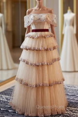 A-Line Champagne Tulle Sequins Beading Off the Shoulder Evening Prom Dress