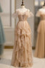 A-Line Champagne Tulle V-neck Pleats Evening Prom Dress