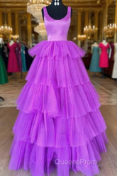 A-Line Crew Neck Lilac Tiered Tulle Long Evening Dress
