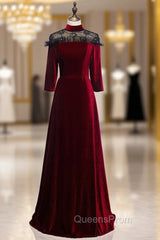A-Line Dark Burgundy Velvet High Neck Short Sleeve Evening Prom Dress