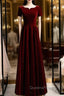 A-Line Dark Burgundy Velvet Short Sleeve Evening Prom Dress