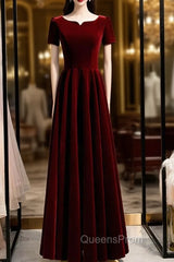 A-Line Dark Burgundy Velvet Short Sleeve Evening Prom Dress