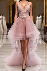 A-line Deep V Neck Beaded Appliques Multi-Layers Hi-Low Formal Dress