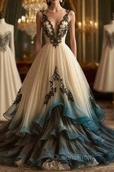 A-Line Deep V Neck Tulle Long Evening Prom Dress Embroidered Applique Evening Dress