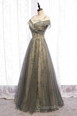 A-Line Evening Gown Elegant Dress Wedding Guest Engagement Floor Length Short Sleeve Illusion Neck Tulle With Pleats