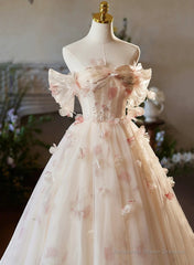 A-line Floral Champagne Tulle Long Prom Dress, Elegant A-Line Formal Evening Dress
