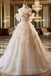 A-line Floral Champagne Tulle Long Evening Prom Dress, Elegant A-Line Evening Dress